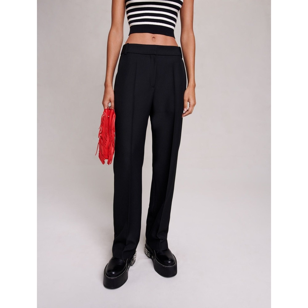 Maje Black Straight Leg Suit Trousers Size L Elastic Back Waist Pants Preppy